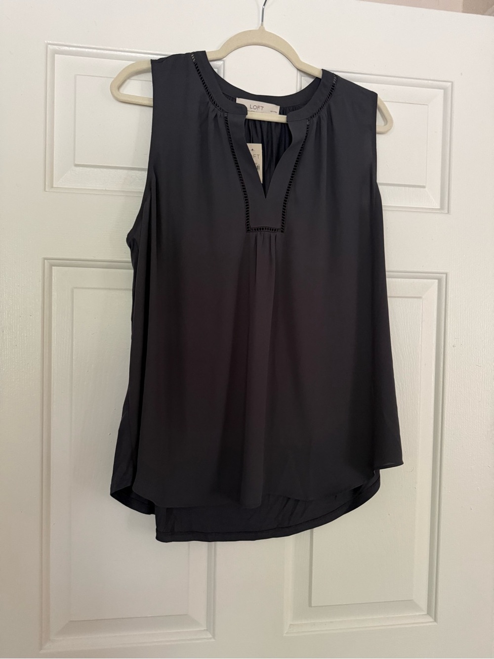 LOFT Mixed Media Petite Sleeveless Split-V Blouse - Steel Gray NWT